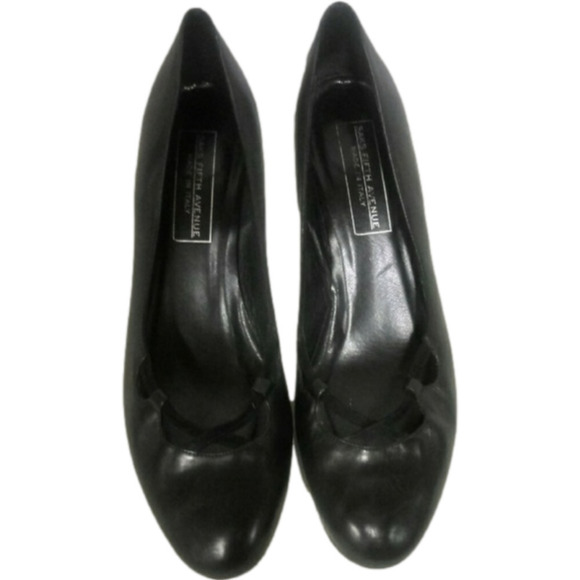 Saks Fifth Avenue Black Leather Crisscross Suede Detail Mid Heel Slip On Pump - Picture 1 of 8